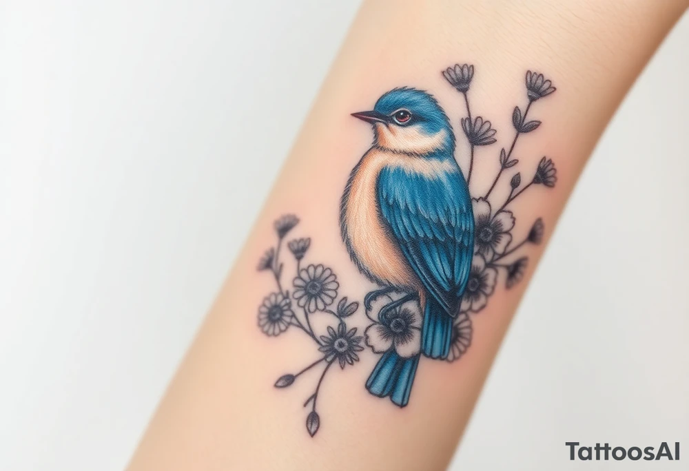 Puffy bluebird surrounded by wild flowers tattoo idea