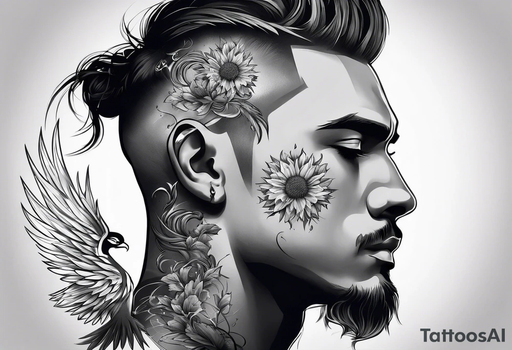 Create a tattoo of a man's face in profile evaporating.  The tattoo symbolizes deliverance after a break-up. Behind it is a chain breaking and the face is looking at dandelions and a phoenix.

The tattoo should symbolize deliverance, strength and peace. tattoo idea