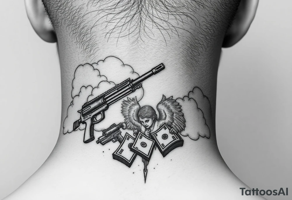 deepfull description of details with clouds,fire guns, money,angels tattoo idea