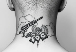 deepfull description of details with clouds,fire guns, money,angels tattoo idea