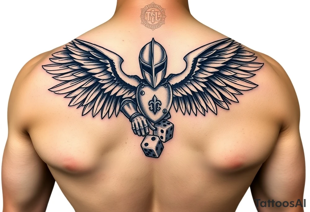 Power knight with wings rolling dice tattoo idea