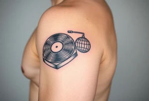 vinyl record player with a smaller disco ball to the side of it tattoo idea