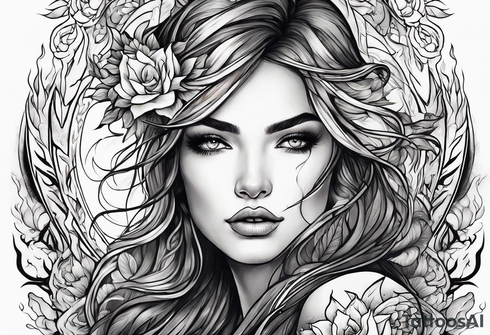 Resurrection strength and courage Beautiful Woman walking through fire and chaos to inner peace and self-love  ethereal tattoo idea