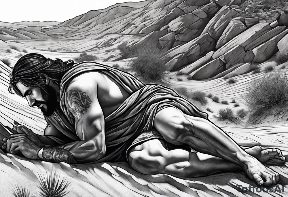 man crawling in a desert reaching to the cross of Christ tattoo idea