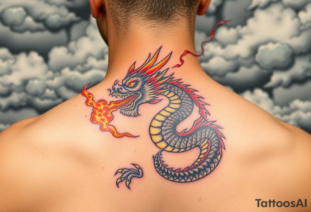fierce dragon breathing iridescent fire against stormy skies tattoo idea