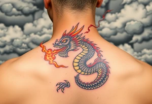 fierce dragon breathing iridescent fire against stormy skies tattoo idea