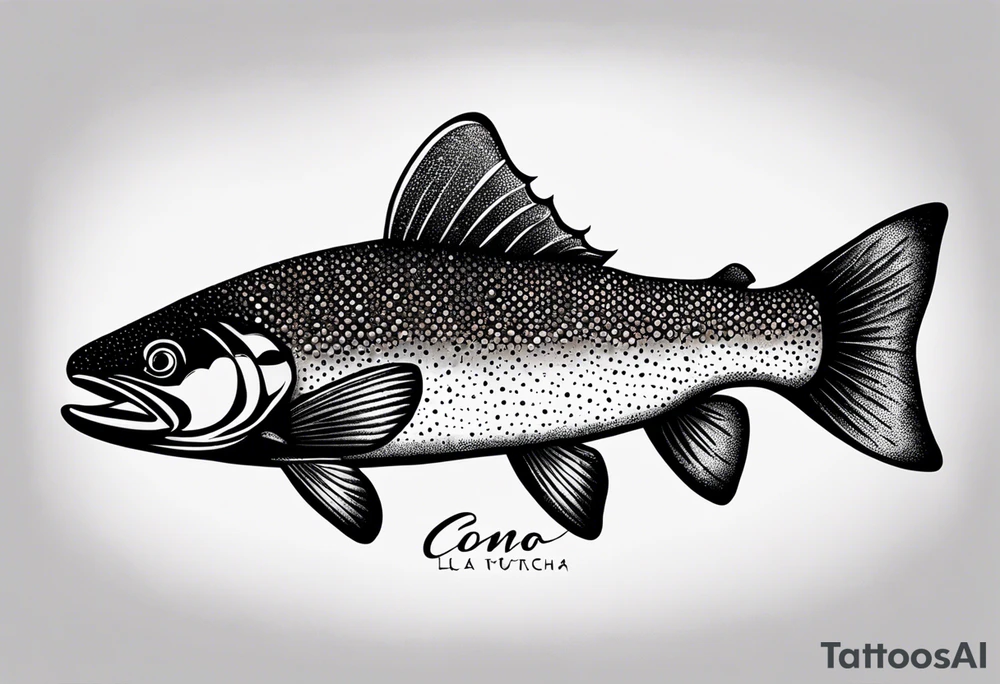 A small tattoo with a shaded trout and text that says, 'Como la trucha...' drawn with fine lines." tattoo idea