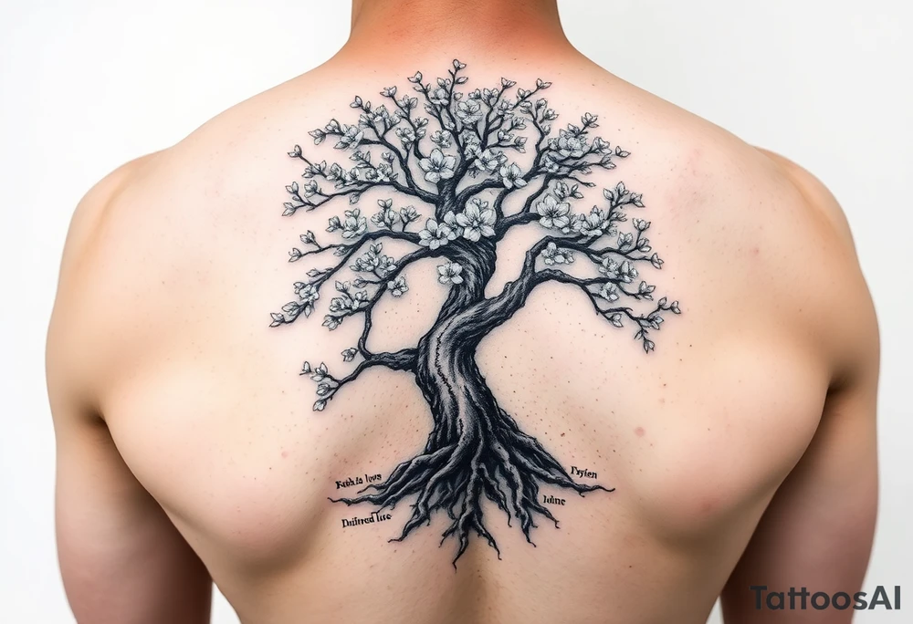 Bonsai weeping Cherry blossom tree of life with loved ones names in the roots and branches tattoo idea