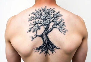Bonsai weeping Cherry blossom tree of life with loved ones names in the roots and branches tattoo idea