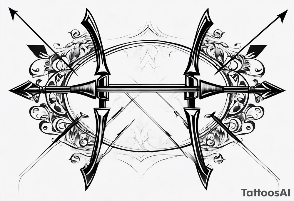 A loaded bow with 2 arrows. simplistic, minimalist and clean, even abstract. tattoo idea