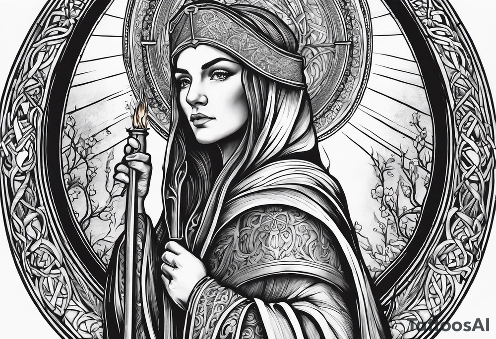 A full back piece themed on the surname mcbride and the irish saint brigid. It should take inspiration from artwork of saint brigid holding fire in her hands. It should have the text Vincit Pericula Virtus on it tattoo idea