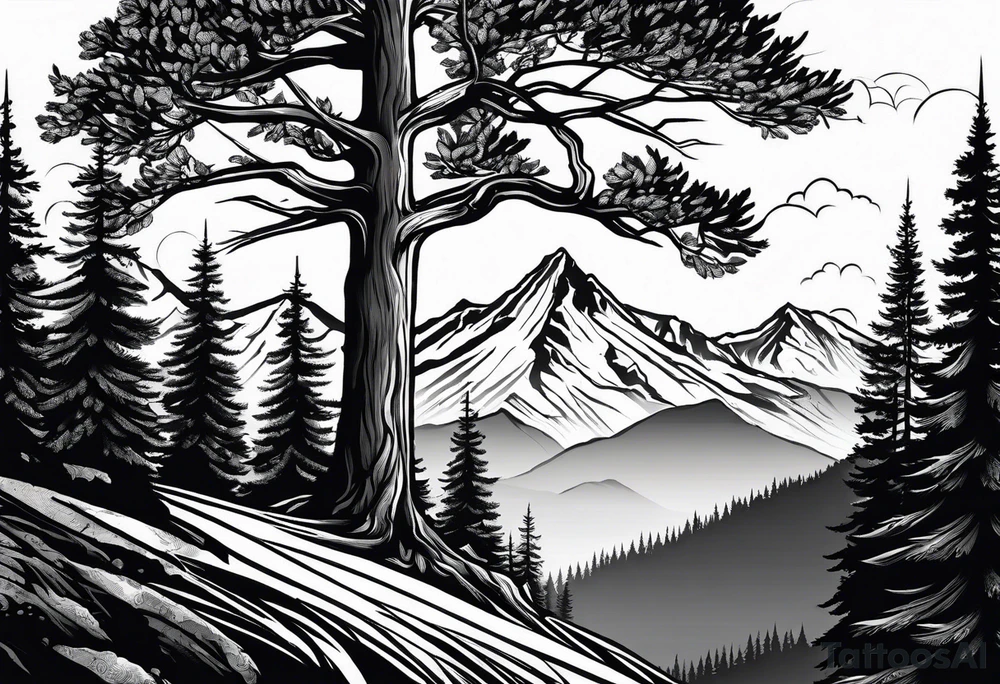 large trees on the side of mountain with mountains and sun skier coming down mountain tattoo idea