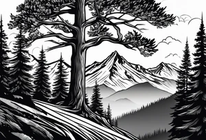 large trees on the side of mountain with mountains and sun skier coming down mountain tattoo idea