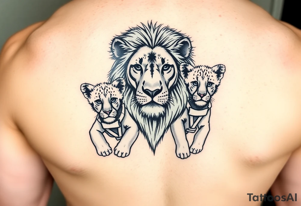 Lion on the safari with his two cubs wearing jiu jitsu gis tattoo idea