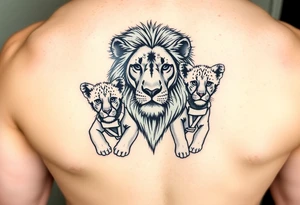 Lion on the safari with his two cubs wearing jiu jitsu gis tattoo idea