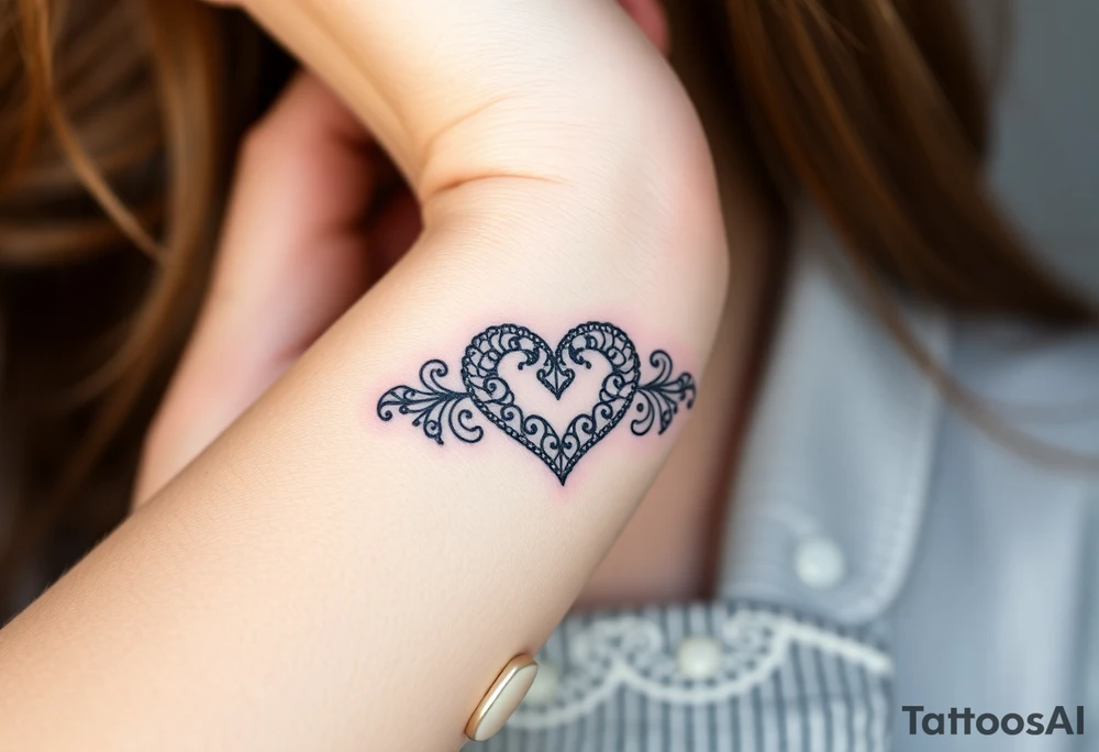 A heart-shaped lace pattern bracelet in black and silver, with a delicate filigree border tattoo idea