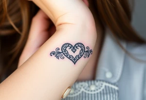 A heart-shaped lace pattern bracelet in black and silver, with a delicate filigree border tattoo idea