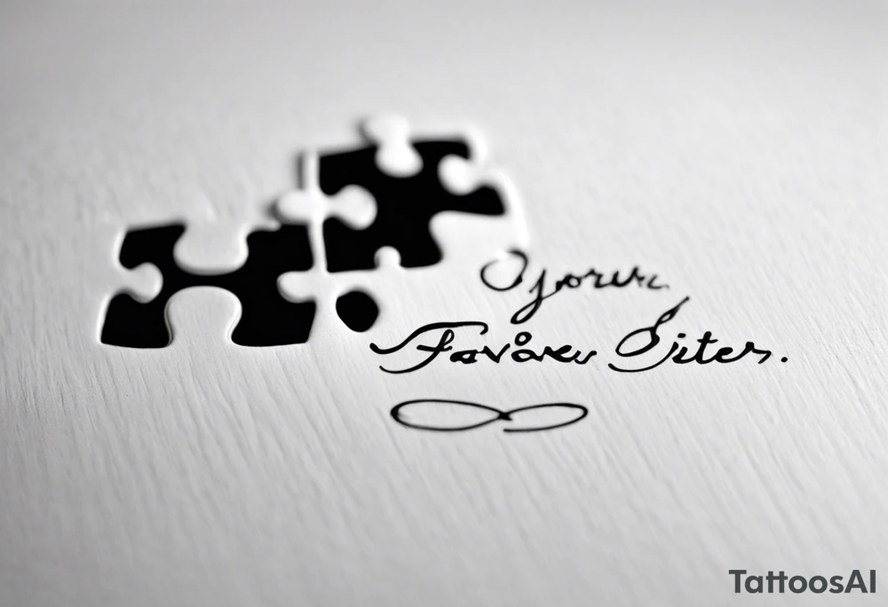 Puzzle Piece: A fine, clean outline with no shading, keeping the design light and elegant. Two pieces connected. 
Handwritten Text: inside the puzzle piece, your sister’s words “to my favorite sister,” carefully preserving the integrity of her handwriting.
This will create a balanced, meaningful design that's simple yet full of emotion—perfect for a small ankle tattoo. tattoo idea