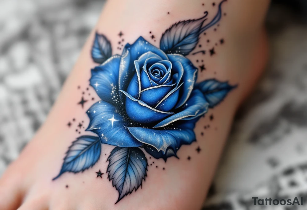 Mystic glowing blue rose, petals painted in cerulean and cobalt, surrounded by silver smoke and tiny stars in dotwork. tattoo idea