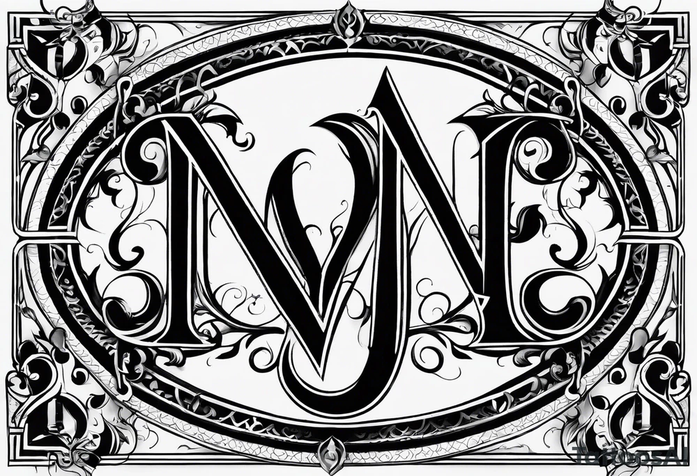 The initials N.A.J.E. in edwardian script surrounded by symmetrical smoke and intricate design tattoo idea