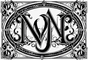 The initials N.A.J.E. in edwardian script surrounded by symmetrical smoke and intricate design tattoo idea