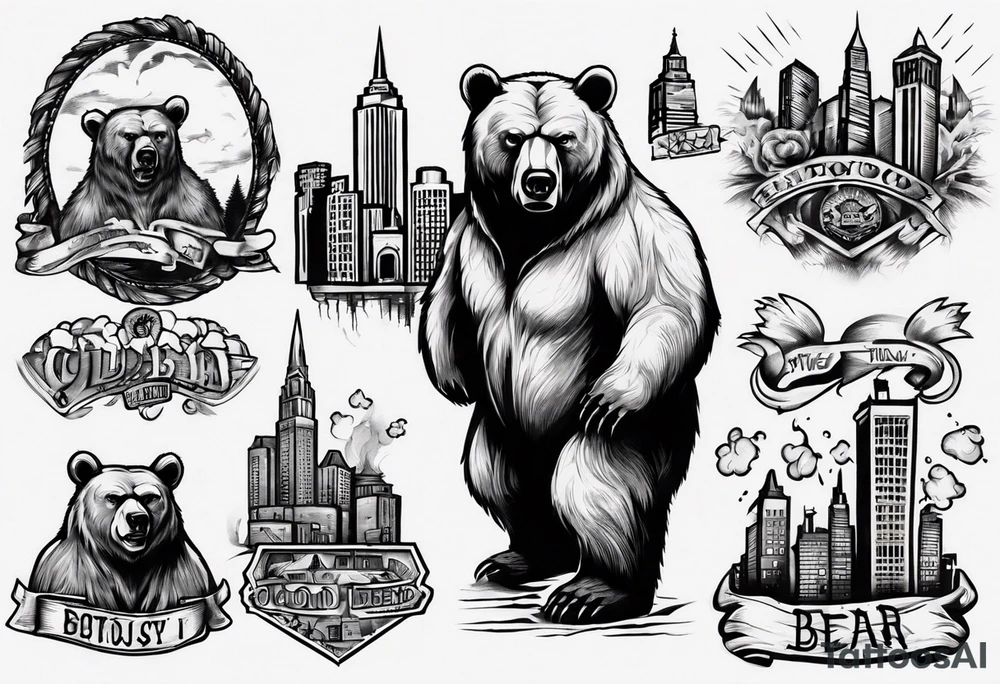 Serious bear coming up behind a city tattoo idea