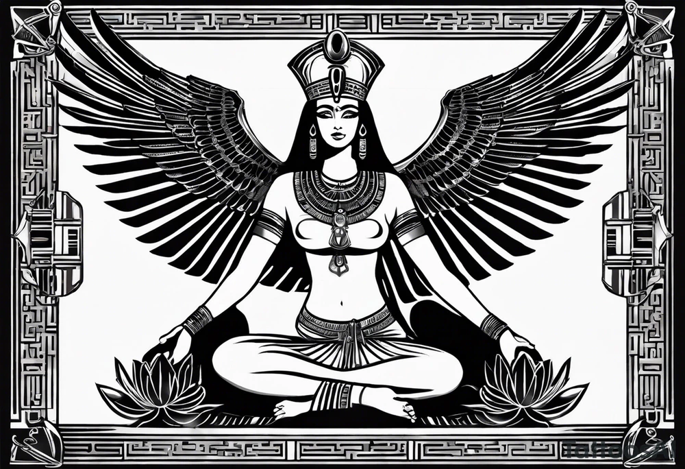 black and white Egyptian goddess Isis, who is often depicted as a woman with outstretched wings, holding an ankh (a symbol of life) in one hand and a lotus flower in the other. Her headdress often includes a throne or a solar disk. The tattoo design can vary in style and size, but it typically aims to capture the essence of this revered Egyptian deity, emphasizing her beauty, power, and maternal qualities. The choice of colors and additional elements can also be customized to create a unique and visually striking representation of the goddess Isis tattoo idea
