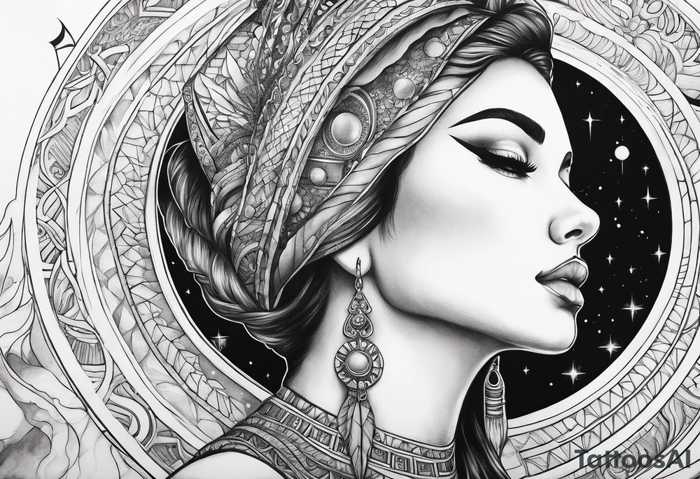 Close up of a beautiful goddess creating the universe tattoo idea