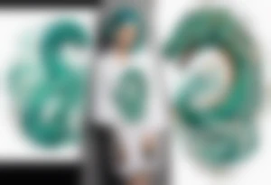 an Irish woman with teal hair wearing a white robe next to a sea-serpent tattoo idea
