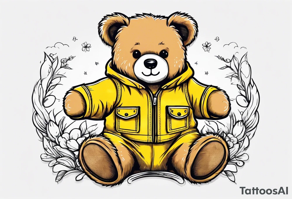 the back of a standing teddy bear in yellow overalls tattoo idea
