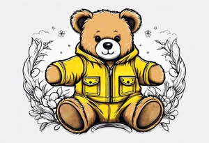 the back of a standing teddy bear in yellow overalls tattoo idea