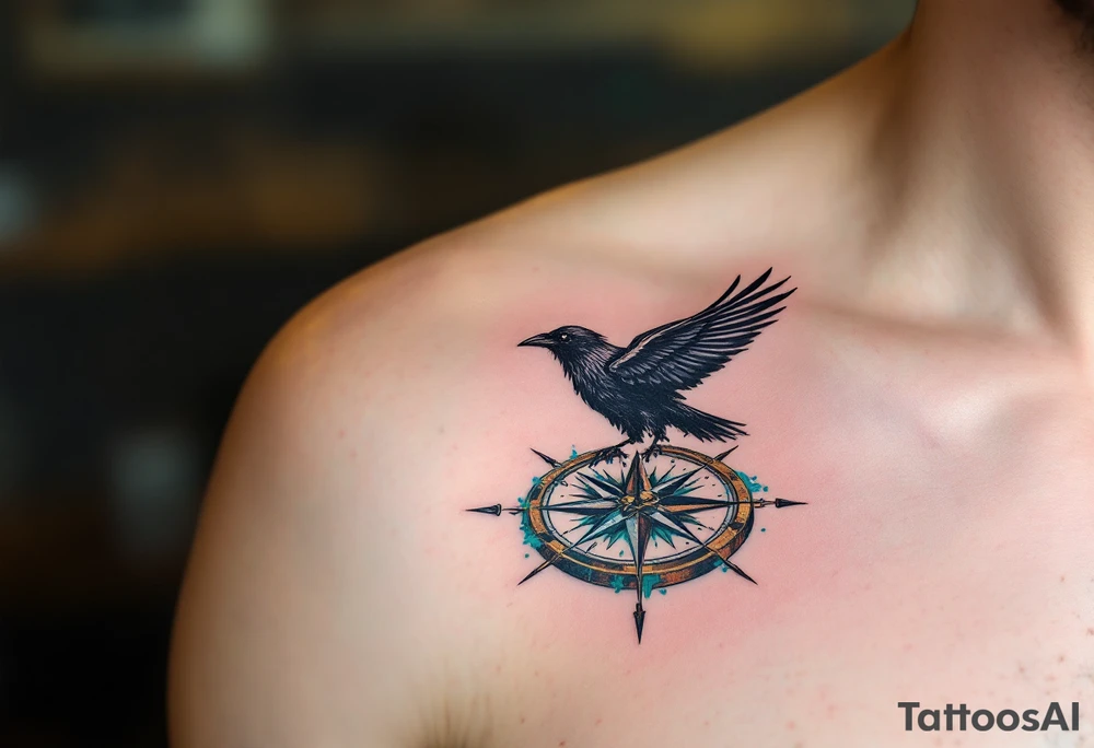 Crow and Compass – A crow flying across a broken compass, symbolizing lost direction. Black ink with distressed bronze and aged teal accents. tattoo idea