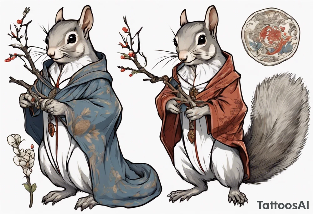 a grey squirrel dressed in a medieval tunic holding a silver tree branch tattoo idea