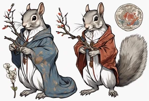 a grey squirrel dressed in a medieval tunic holding a silver tree branch tattoo idea