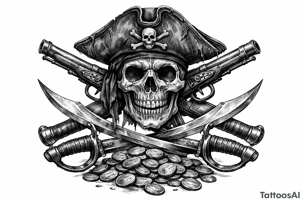 Black and grey skull with pirate hat, crossed flintlock pistols, sabers, and scattered gold coins. tattoo idea
