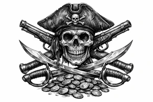 Black and grey skull with pirate hat, crossed flintlock pistols, sabers, and scattered gold coins. tattoo idea