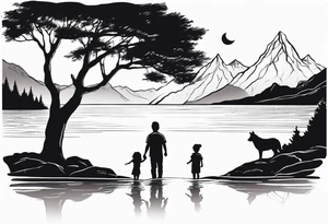 Father in between 6 year old daughter and 2 year old son. Standing by water with tree and mountains in front of them tattoo idea