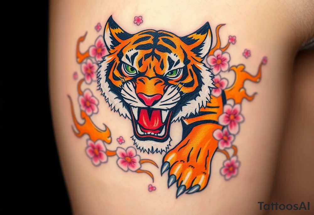 A fierce and majestic tiger, mid-roar, with piercing emerald-green eyes and bold orange-and-black striped fur. Surrounding the tiger are swirling golden flames, cherry blossom petals in soft pink and white float around. tattoo idea