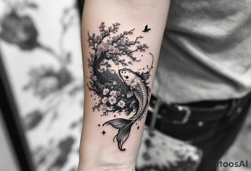 koi fish  with a dragon 
with a sakura tree in the background, Japanese inspired piece tattoo idea