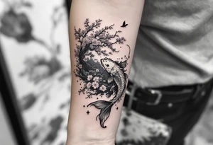 koi fish  with a dragon 
with a sakura tree in the background, Japanese inspired piece tattoo idea