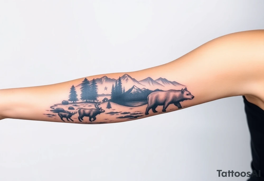 A full-sleeve with the Härjedalen landscape, reindeer, bear, lakes tattoo idea