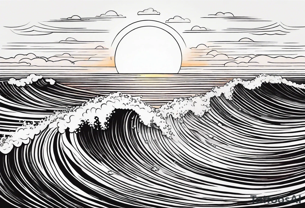 You're adding way too much. hand drawn minimal sunset. Only waves and sunset in the image. tattoo idea