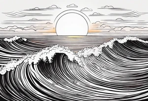You're adding way too much. hand drawn minimal sunset. Only waves and sunset in the image. tattoo idea