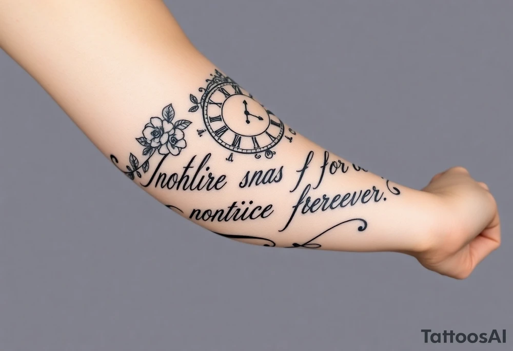 Roman clock with roses and a crown,  a quote that says nothings forever. and on the bottom a deck of cards tattoo idea