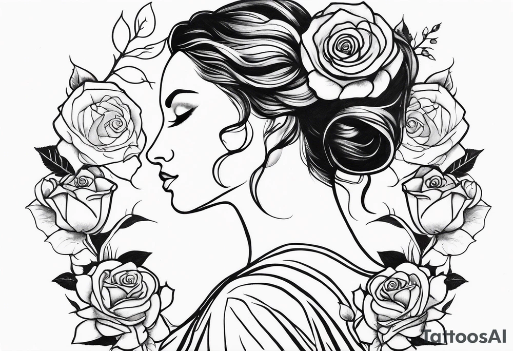 Mother natures face side profile with little hair in her face some roses and branches intertwined in her hair she’s holding a rose head. Black and white tattoo idea