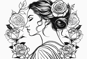 Mother natures face side profile with little hair in her face some roses and branches intertwined in her hair she’s holding a rose head. Black and white tattoo idea