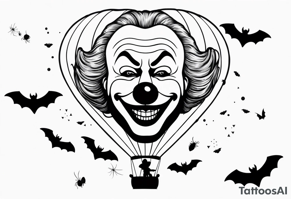 penny wise  the clown 
face on a floating balloon with spiders crawling on the balloon and bats flying around "We All Float" in background tattoo idea