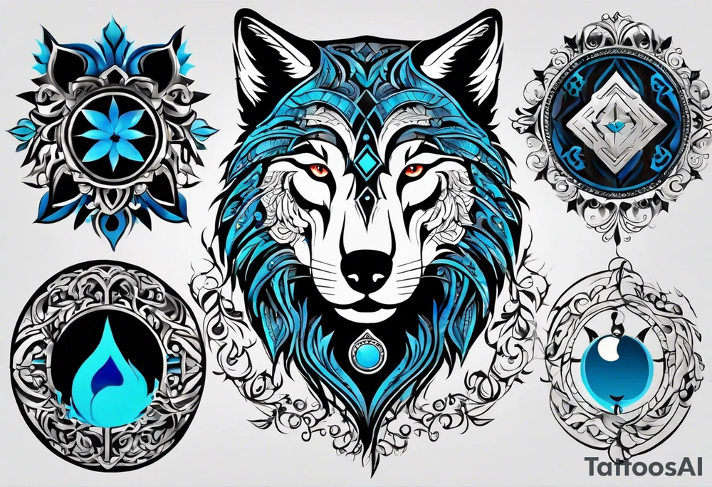 a tattoo whose main theme is balance but also resembles new begining, strong willpower, peace and loyalty. This should be for the front part of the shoulder. maybe add the ying-yang symbol somewhere in the tattoo. Tattoo should have an equal amount of blue and red along with the overall tattoo being black. In corporate a wolf into the tattoo, make sure it resembles ing and yang. wolf needs to look dangerous tattoo idea