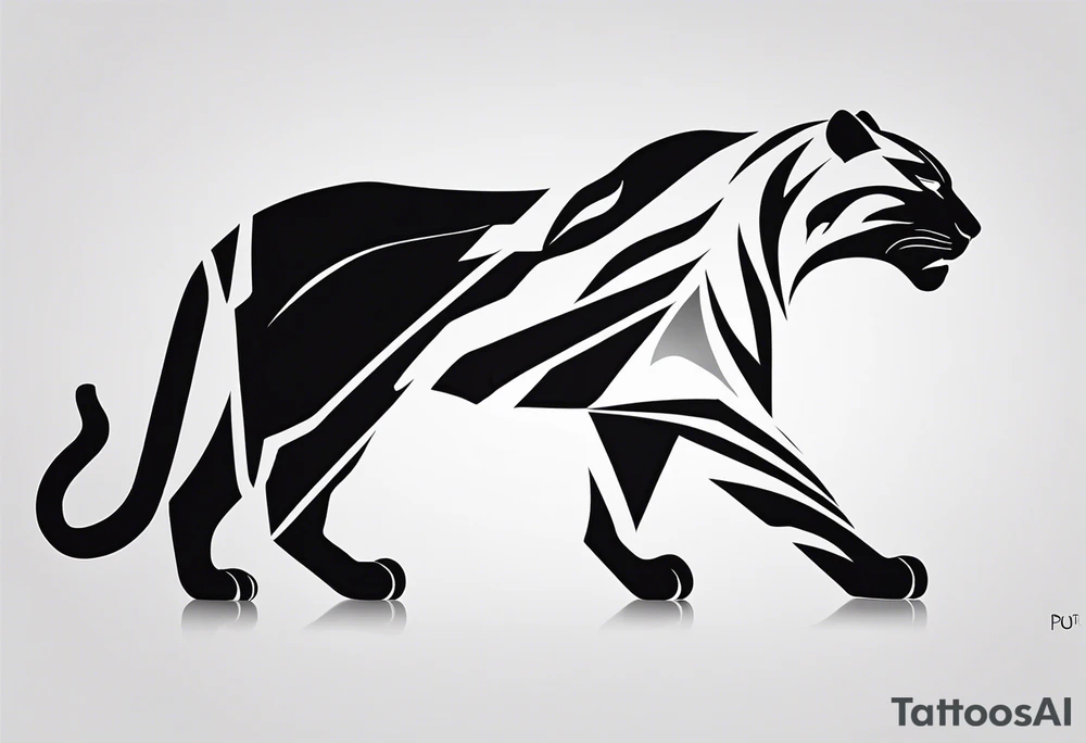A black-and-white silhouette of a panther in mid-transformation from fire to ice. The panther's body is outlined in bold, fluid black lines, with one half covered in sharp, jagged shapes suggesting flames, while the other half is represented by crystalline, angular forms indicating ice. The transition between the two elements is depicted through a blend of sharp, contrasting lines, where the fluidity of the transformation is emphasized by dynamic, abstract shapes. The dark background is stark and minimal, with swirling, motion-like lines in black to hint at the movement and fluidity of the change. The entire image focuses on bold silhouettes, capturing the dramatic contrast of fire and ice without gradients, creating a powerful, minimalist representation of the panther's transformation. tattoo idea