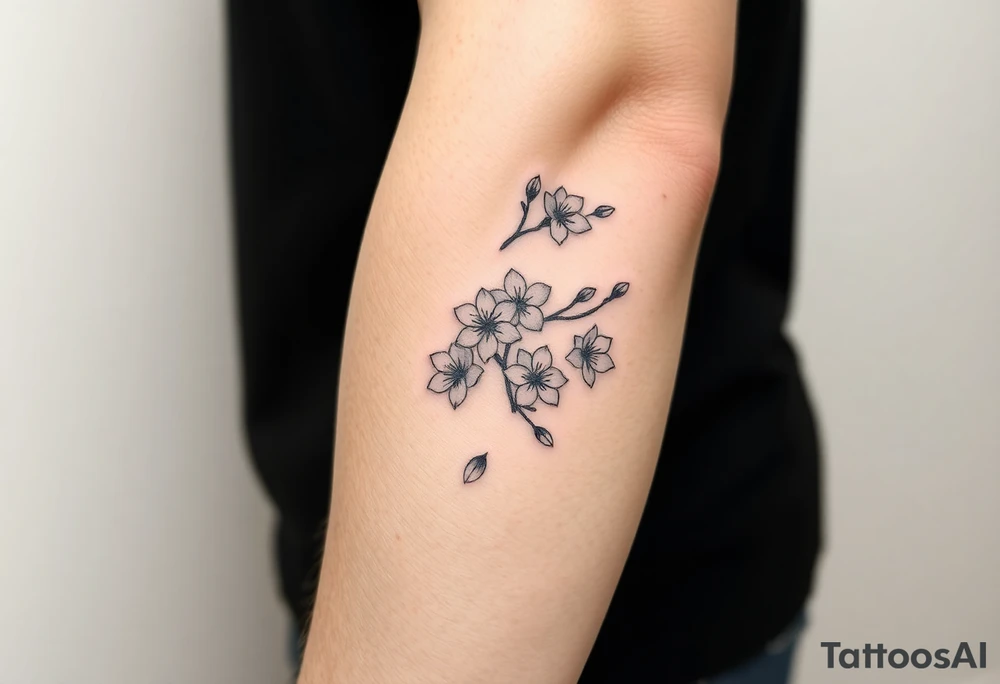 delicate cherry blossoms swirling in spring breeze with petals tattoo idea